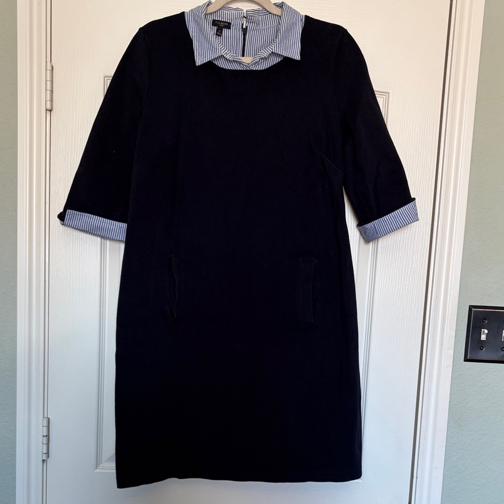Talbots Navy Dress with Blue Striped Accents knit sz X 14 ? Casual nautical